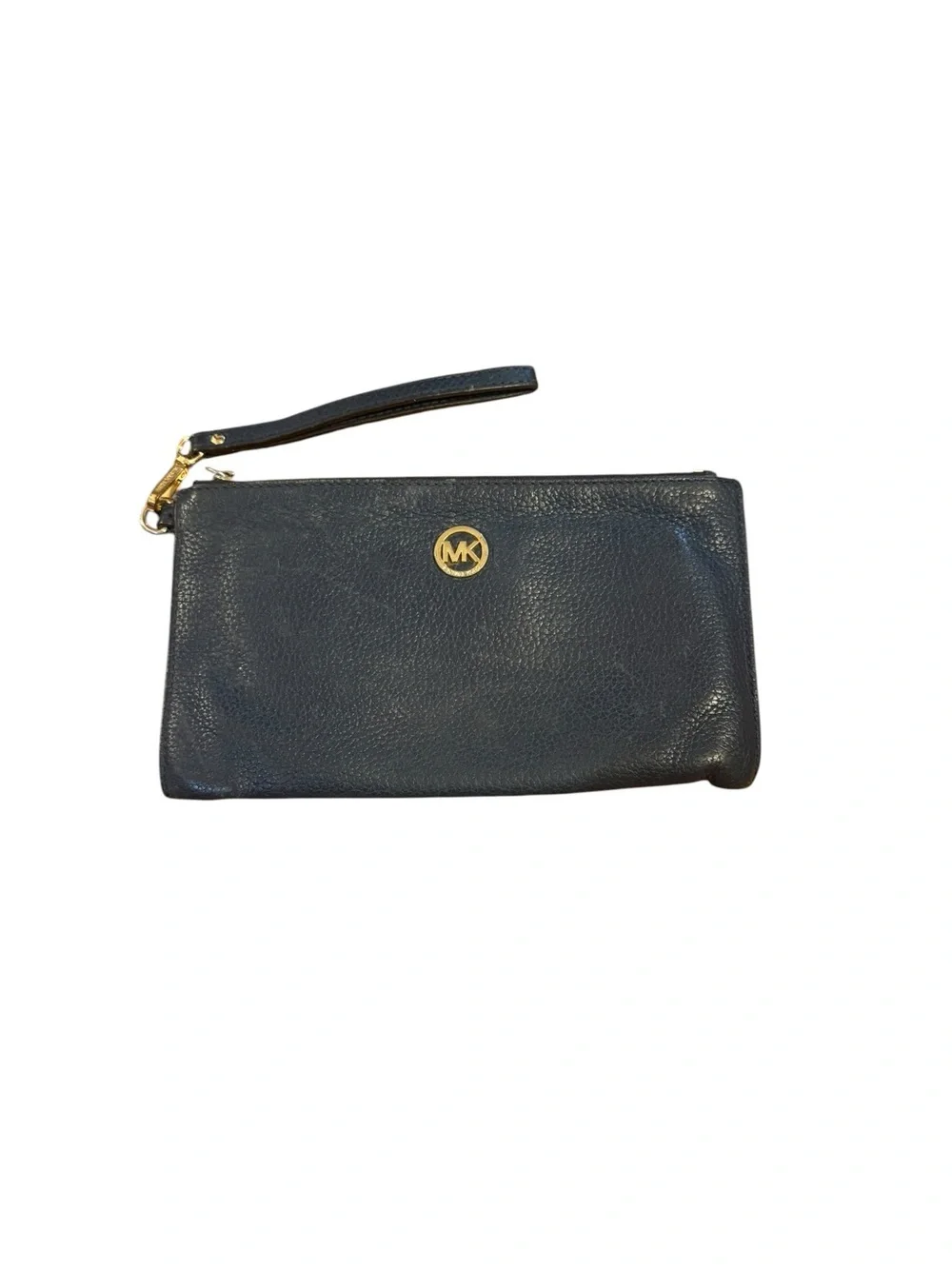 Michael Kors Navy Pebbled Leather Wristlet with Gold MK Emblem
